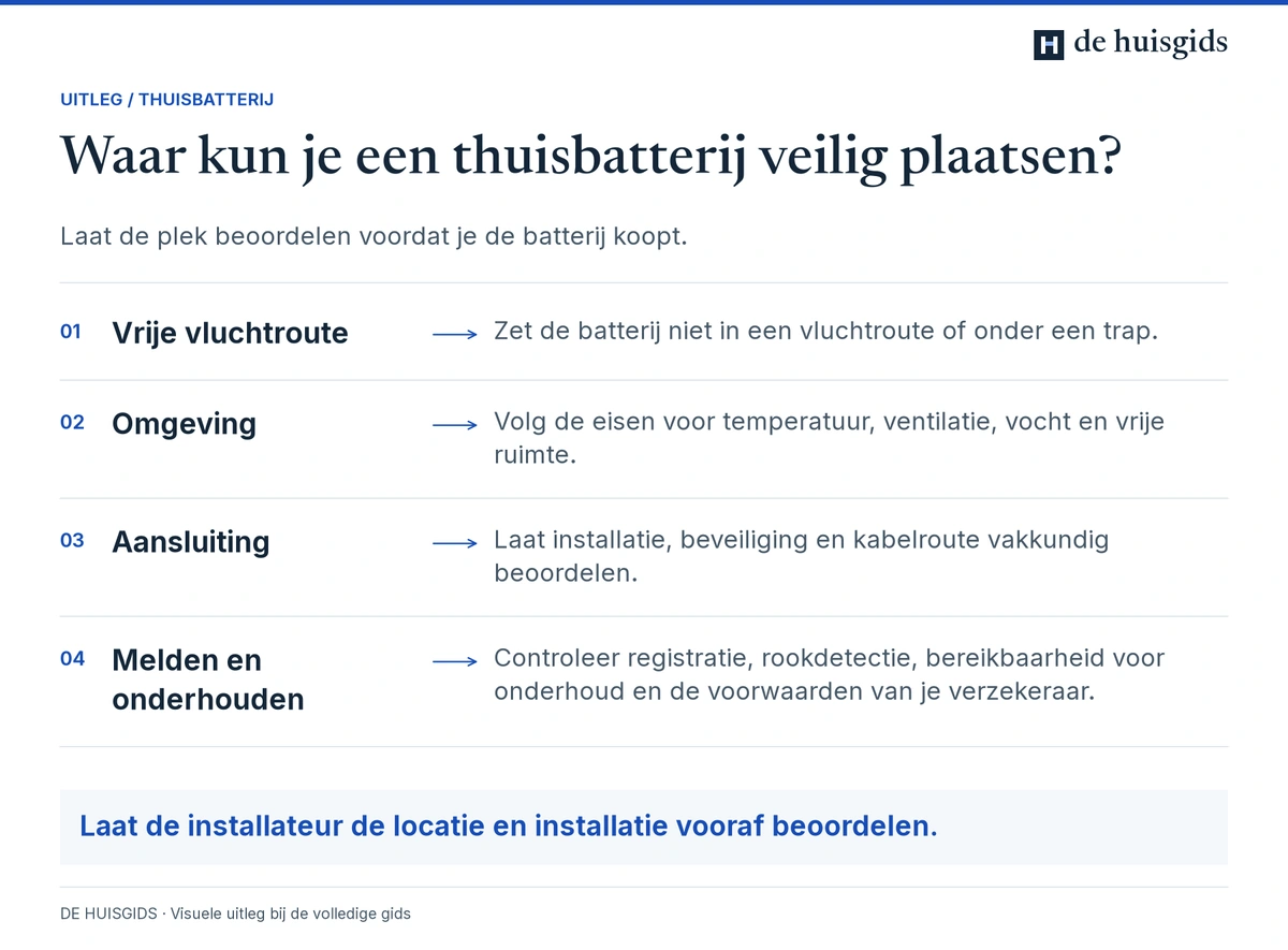 Veilige plaatsing van een thuisbatterij vraagt aandacht voor vluchtroutes, omgeving, aansluiting en beheer.