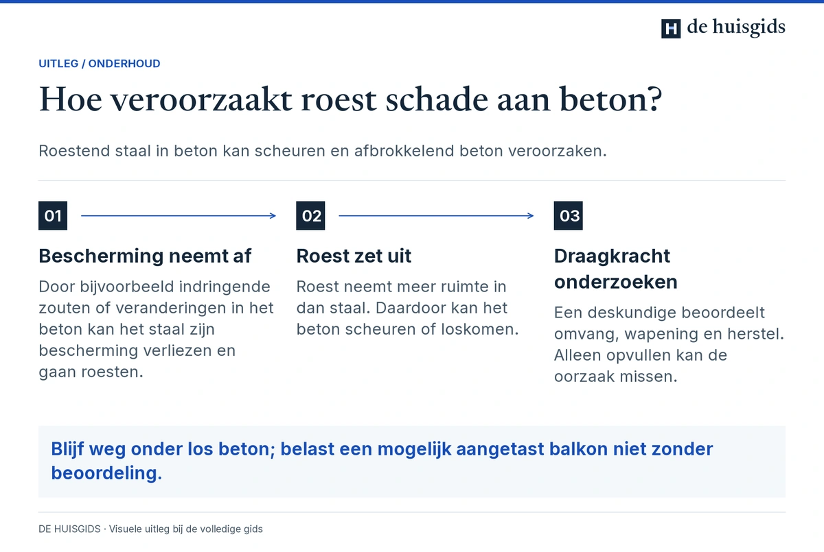 Roestende wapening zet uit en kan beton laten afspringen; de draagkracht vraagt deskundig onderzoek.