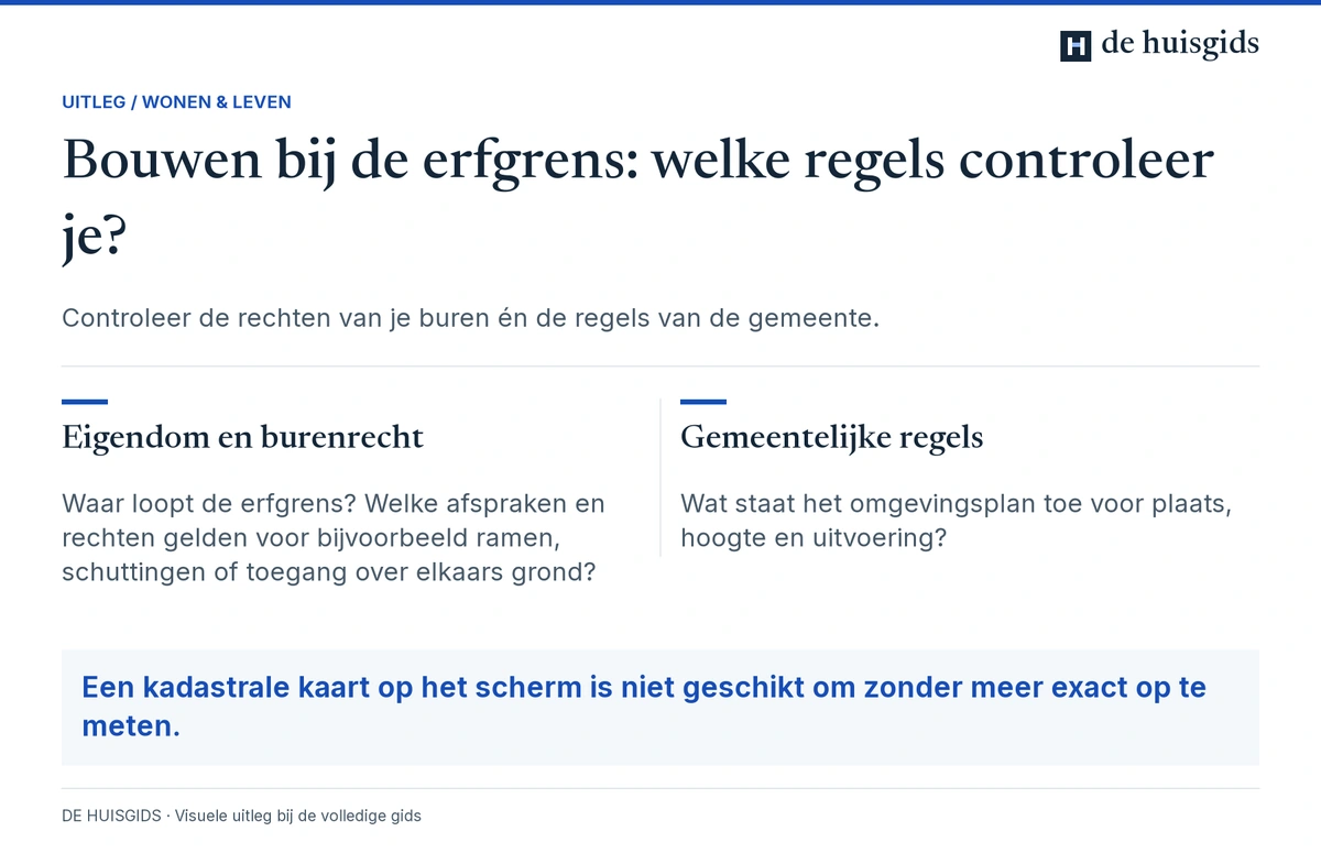 Bouwen bij de erfgrens vraagt controle van eigendomsrechten, burenrecht en gemeentelijke bouwregels.