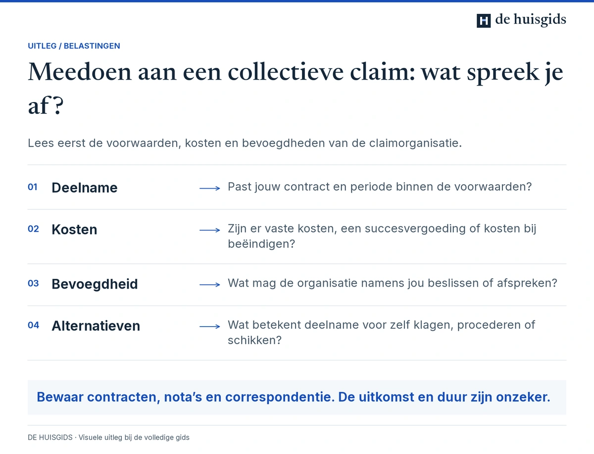 Voorwaarden van een collectieve claim controleren op deelname, kosten, bevoegdheden en alternatieven.