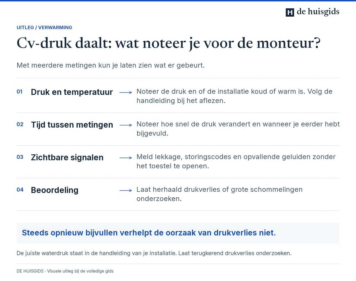 Logboek voor cv-druk met meetomstandigheden, drukverloop en zichtbare lekkage of andere signalen.