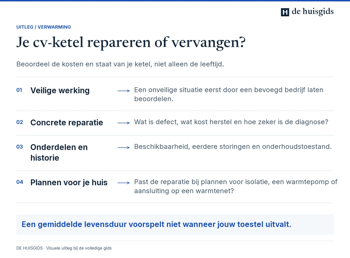 Vier afwegingen bij een cv-ketel: veiligheid, reparatiekosten, onderhoudsgeschiedenis en plannen met de woning.
