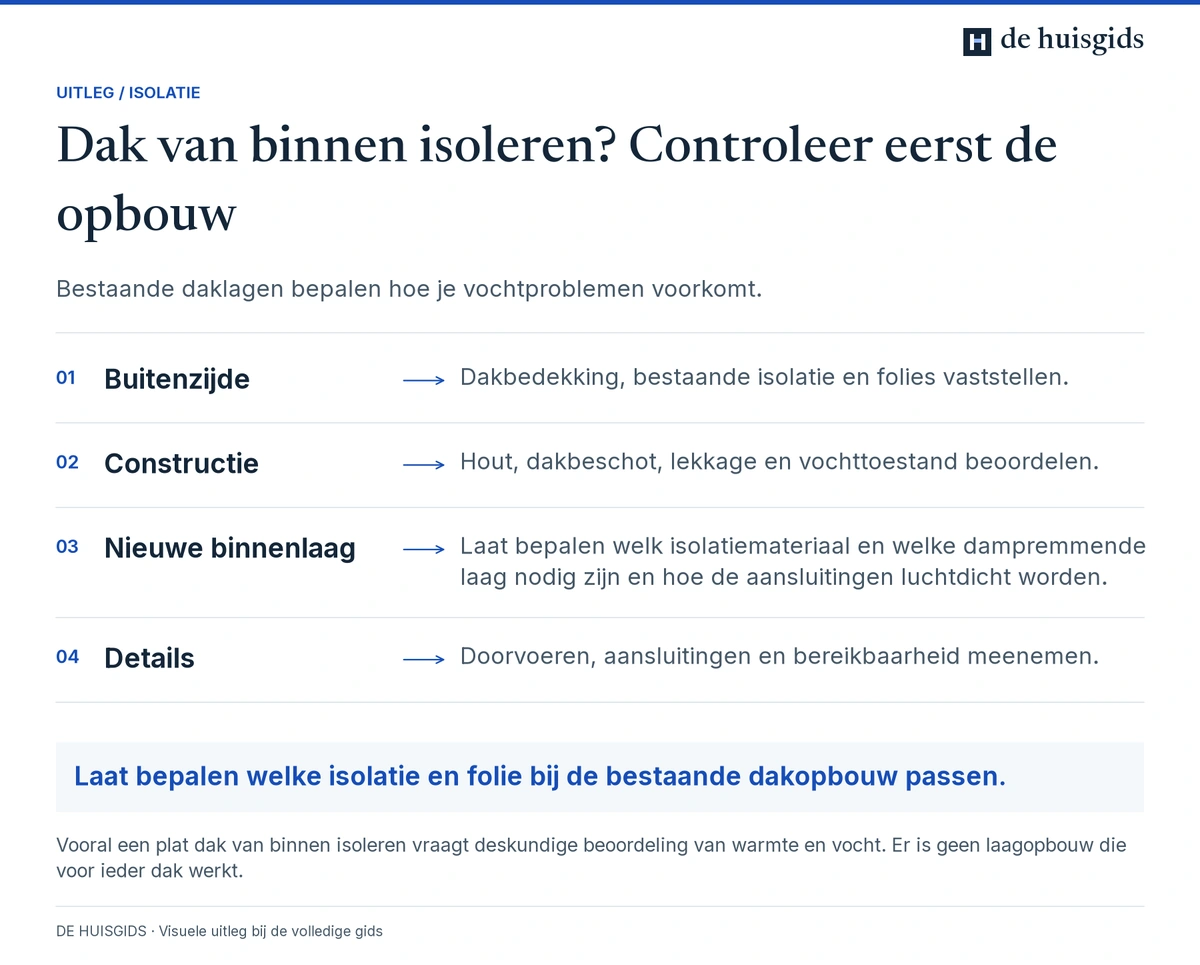 Controle van de bestaande daklagen, vocht en aansluitingen vóór het isoleren aan de binnenzijde.
