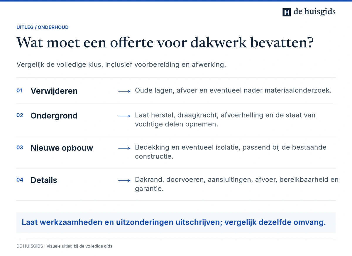 Onderdelen van een dakofferte: verwijderen, ondergrond herstellen, nieuwe daklagen en aansluitingen.