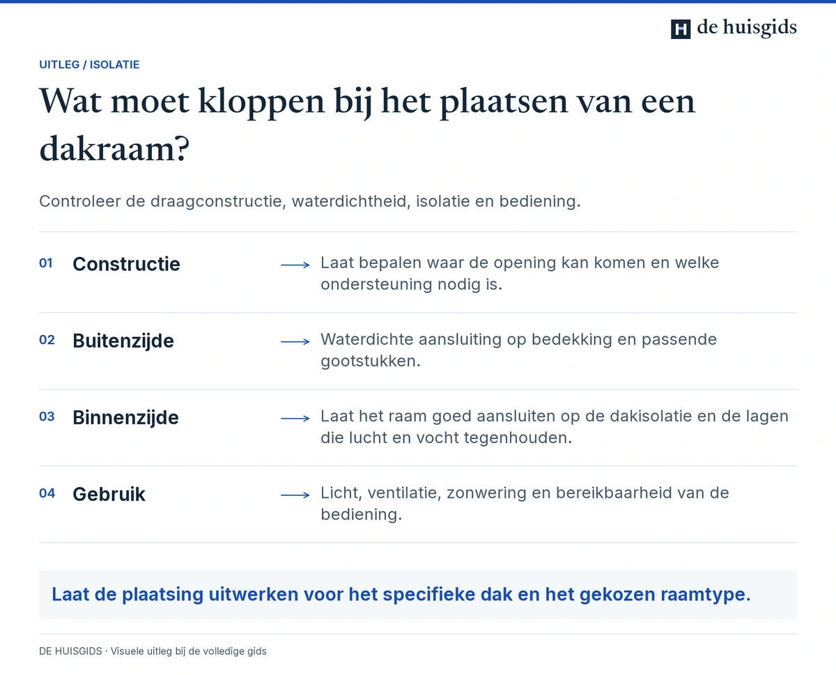 Controle van constructie, waterdichte buitenaansluiting, binnenafwerking en bediening bij een dakraam.