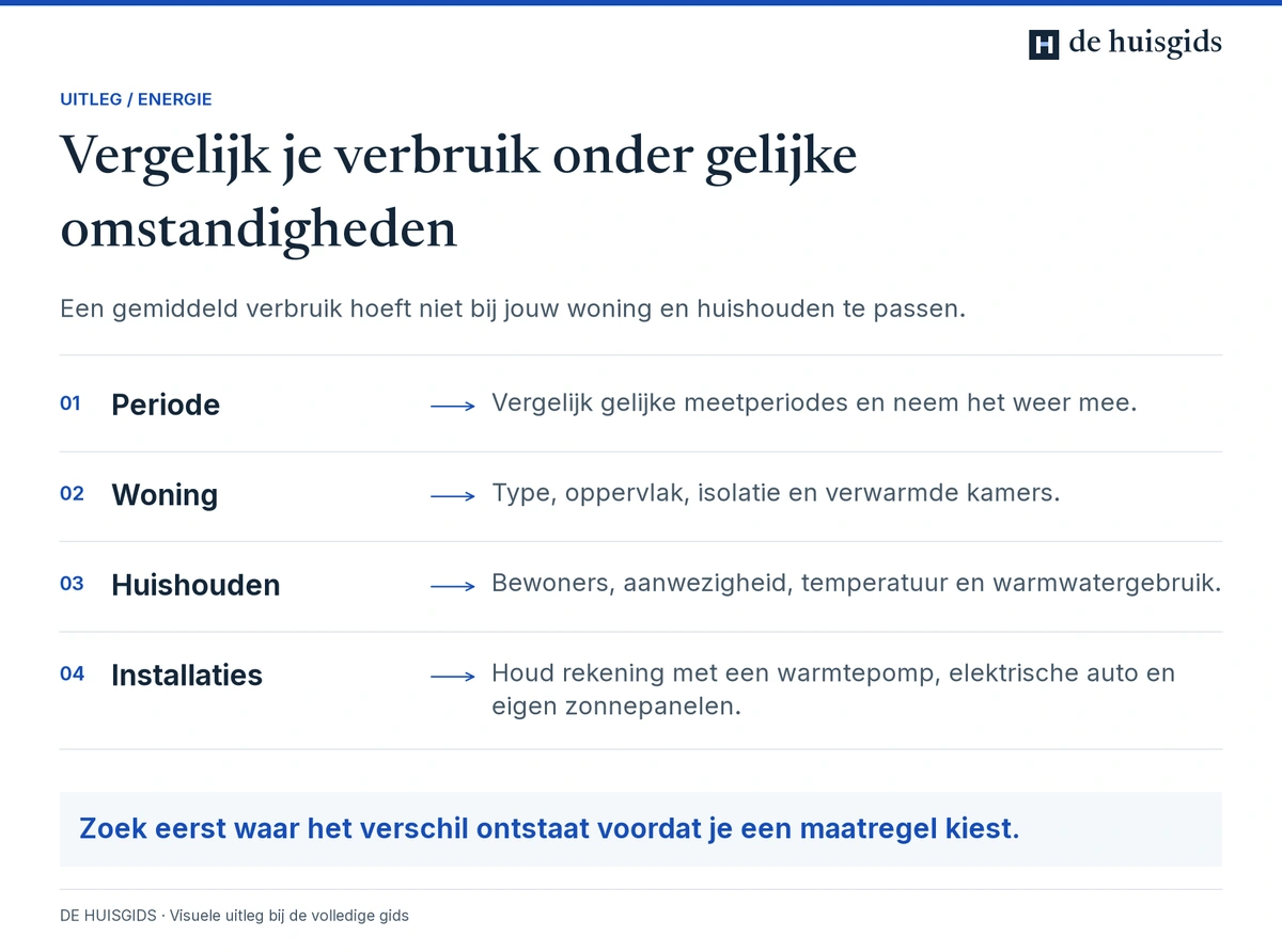 Energieverbruik vergelijken met dezelfde meetperiode en rekening houden met woning, huishouden en installaties.