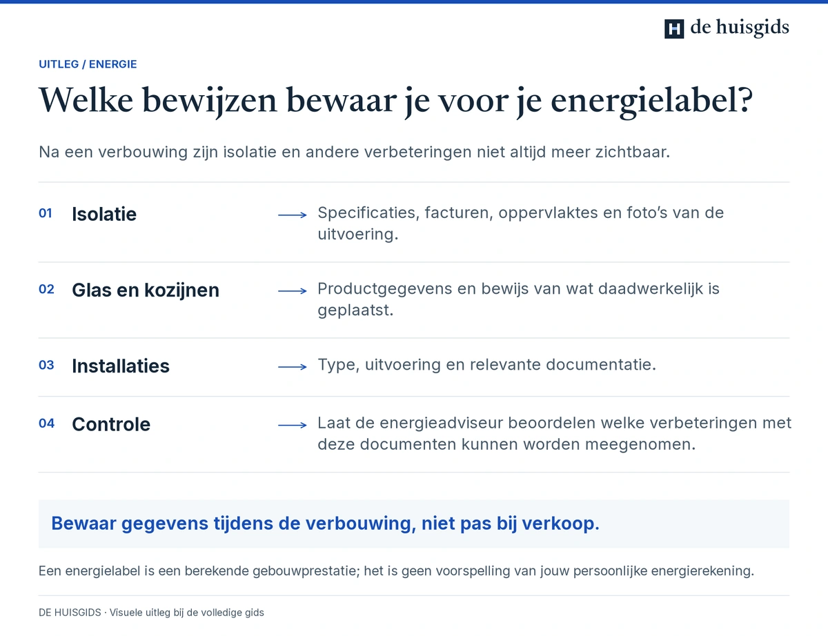 Bewijsstukken voor isolatie, glas en installaties helpen de energieadviseur woningverbeteringen te beoordelen.