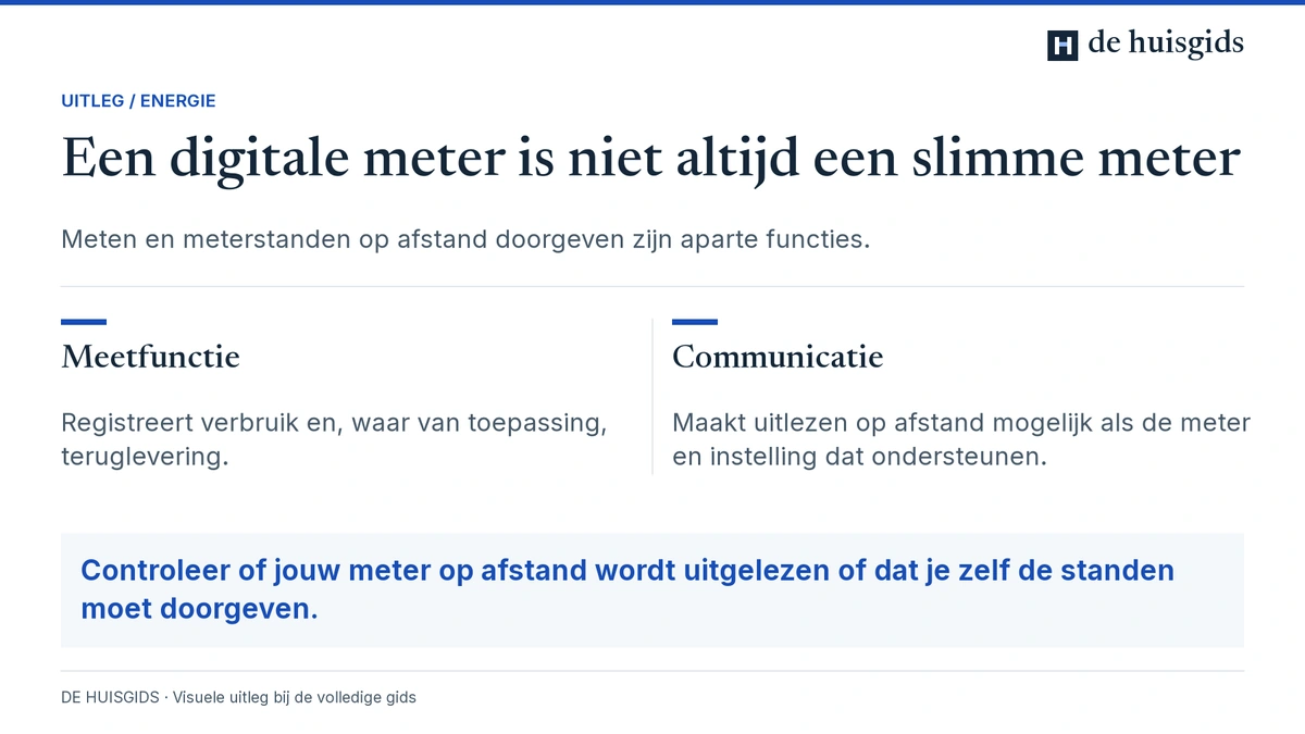 Een digitale meter meet verbruik; uitlezen op afstand is een afzonderlijke functie.