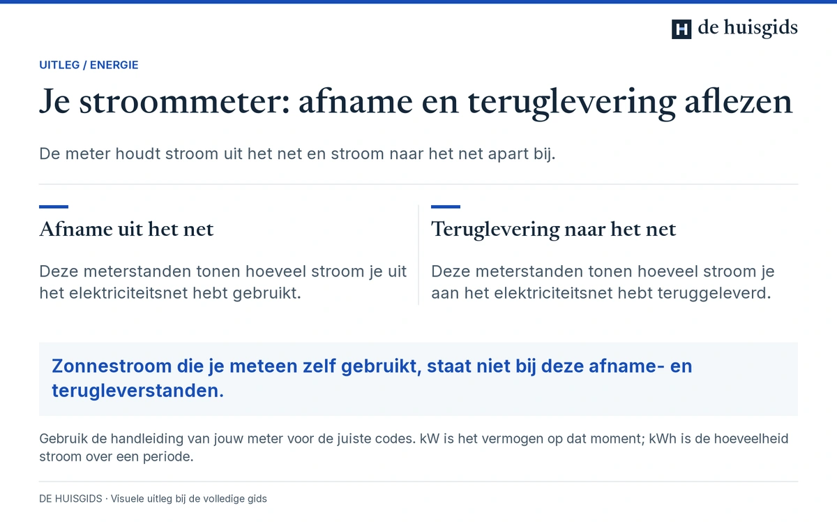 Een elektriciteitsmeter registreert stroomafname en teruglevering afzonderlijk, soms met meerdere tariefstanden.