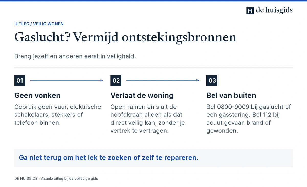 Bij gaslucht: vermijd vonken, verlaat de woning en bel buiten 0800-9009, of 112 bij acuut gevaar.