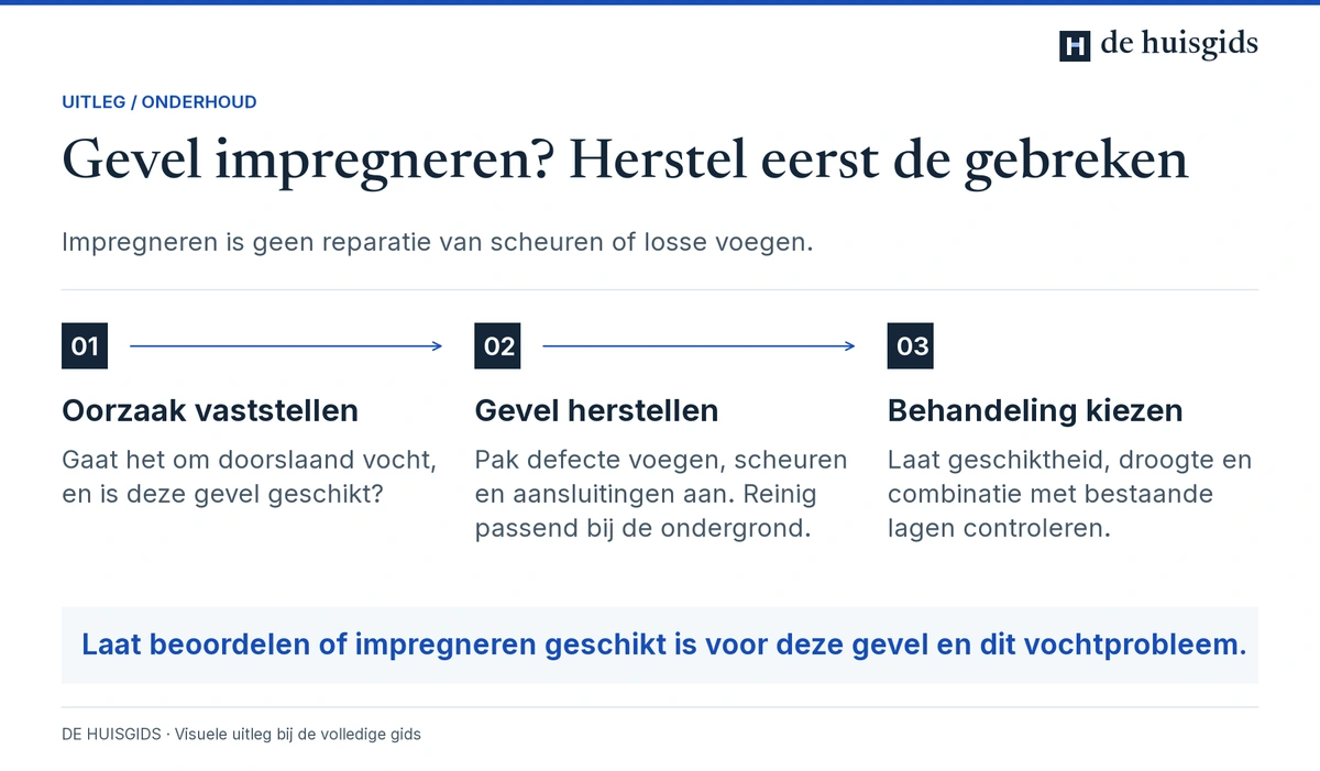 Volgorde bij gevelproblemen: oorzaak vaststellen, gebreken herstellen en een geschikte behandeling kiezen.