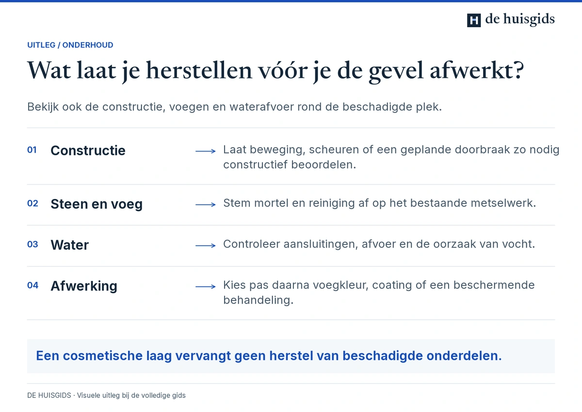 Controle van constructie, metselwerk, voegen en vocht vóór de gevel wordt afgewerkt.