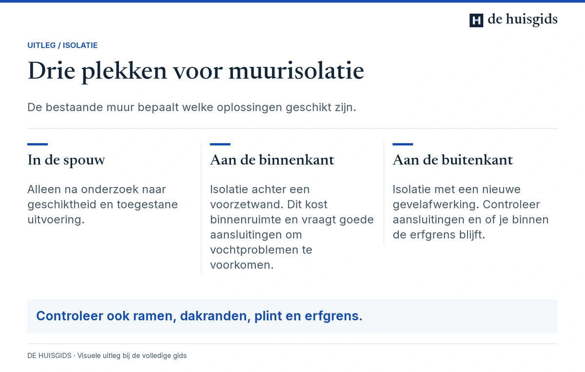 Drie mogelijkheden voor gevelisolatie: in de spouw, aan de binnenzijde of aan de buitenzijde.