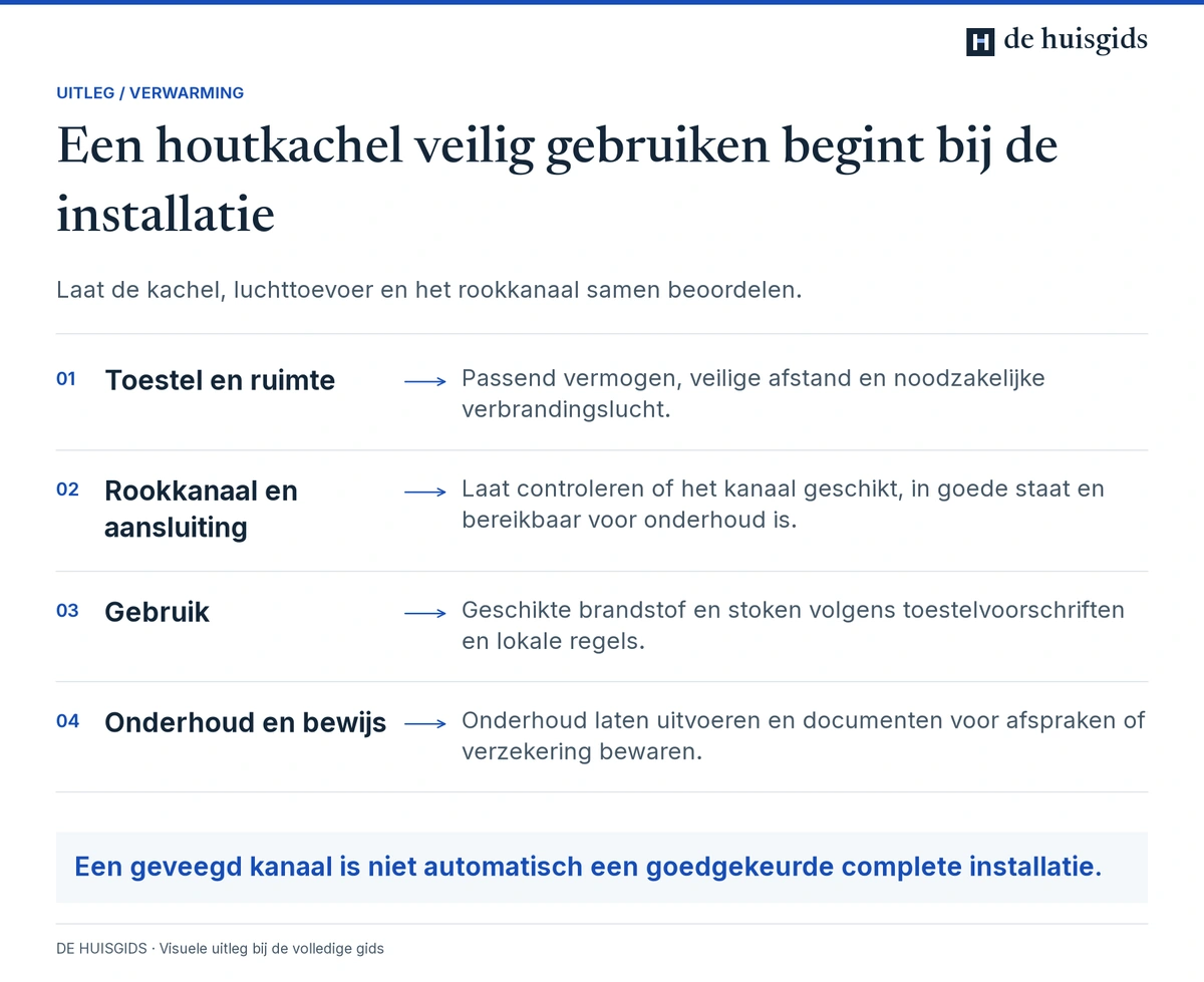 Veilig gebruik van een houtkachel vraagt een passende ruimte, rookafvoer, stookwijze en onderhoud.