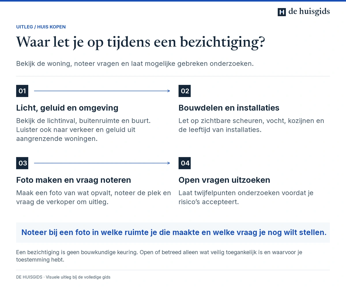 Kijkroute tijdens een bezichtiging: plek bekijken, bouwdelen nalopen, signalen vastleggen en open vragen laten onderzoeken.