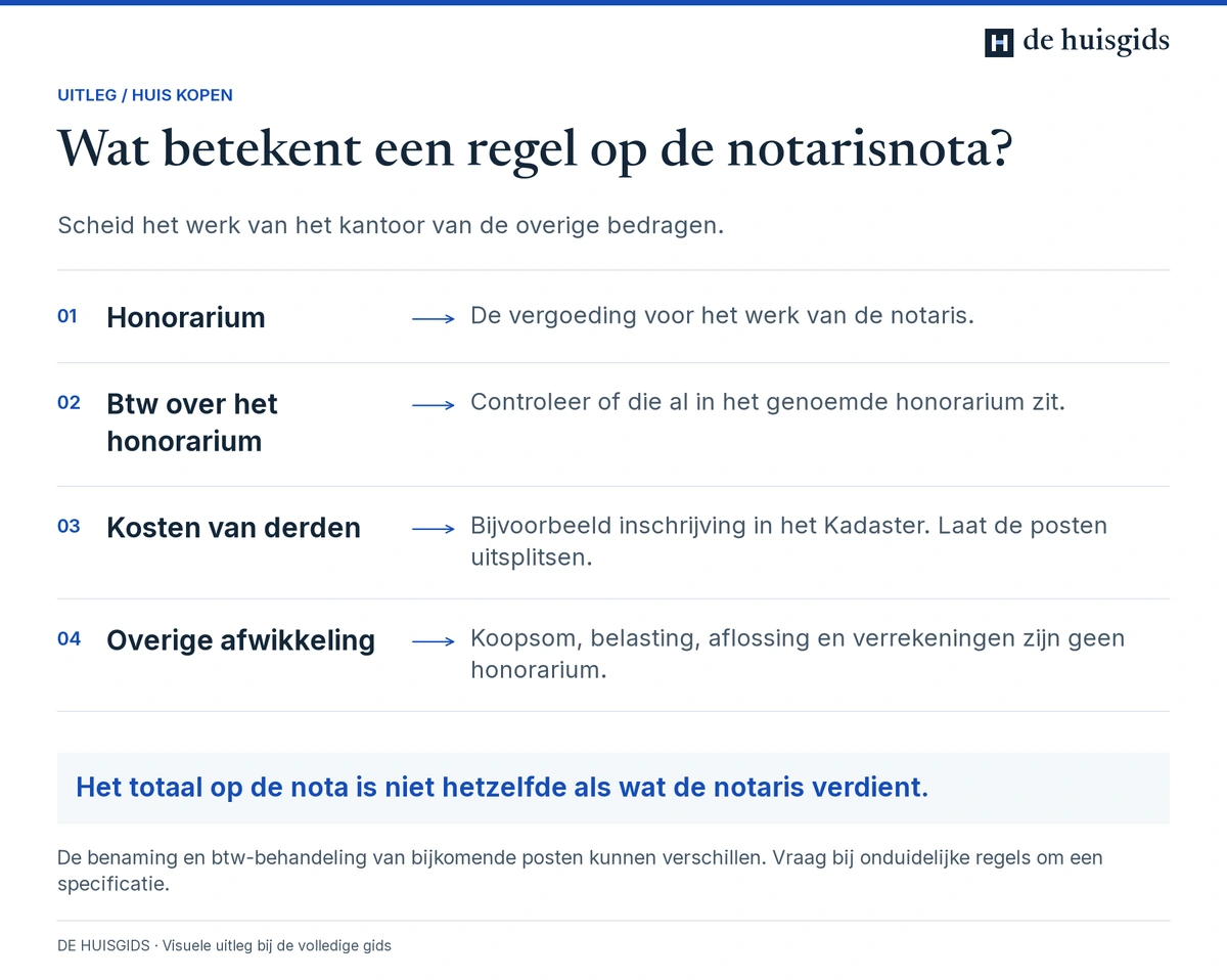 De notarisnota uitgesplitst in honorarium, btw, kosten van derden en overige financiële afwikkeling.