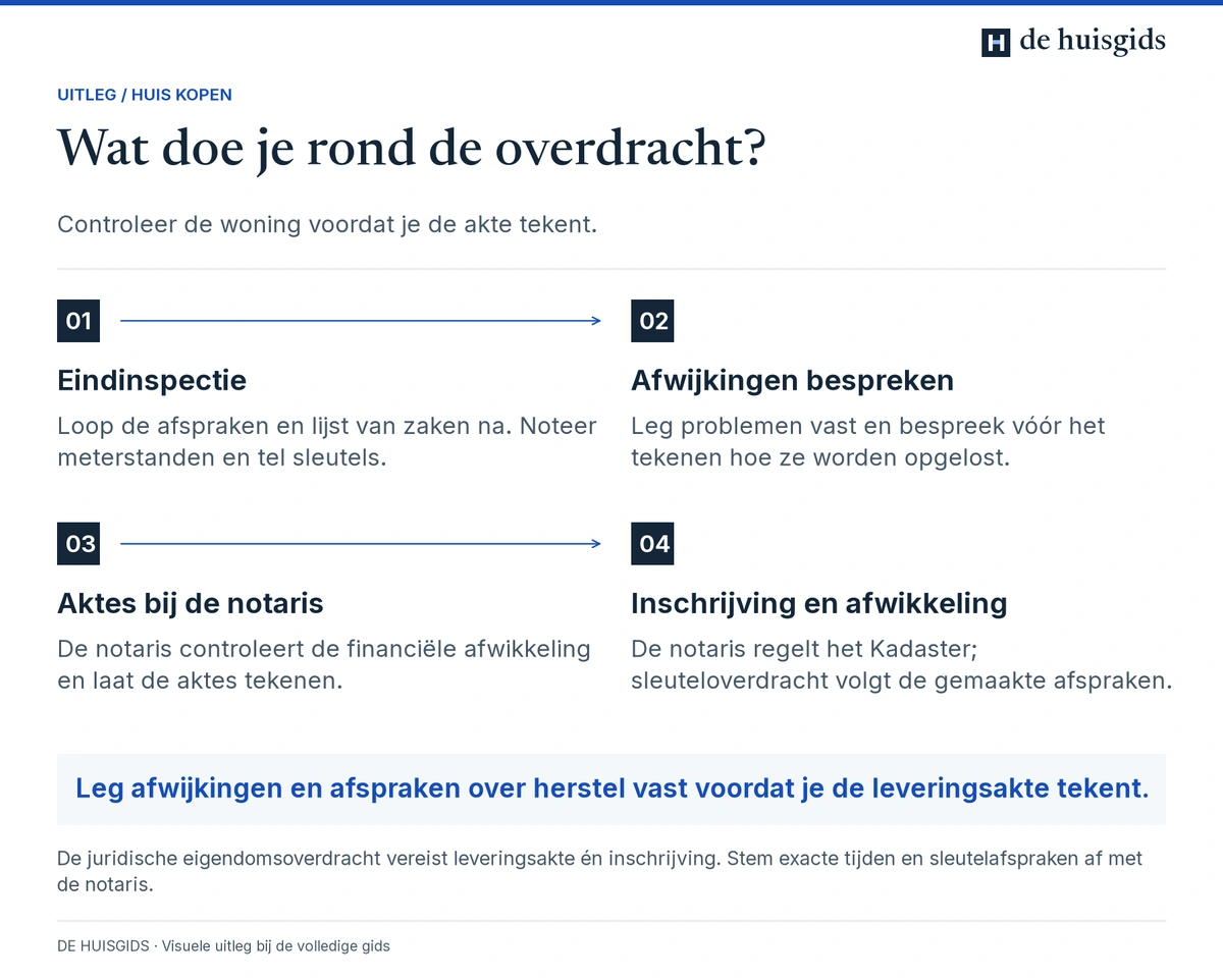 Volgorde rond de overdracht: eindinspectie, afwijkingen bespreken, aktes tekenen en inschrijving met verdere afwikkeling.