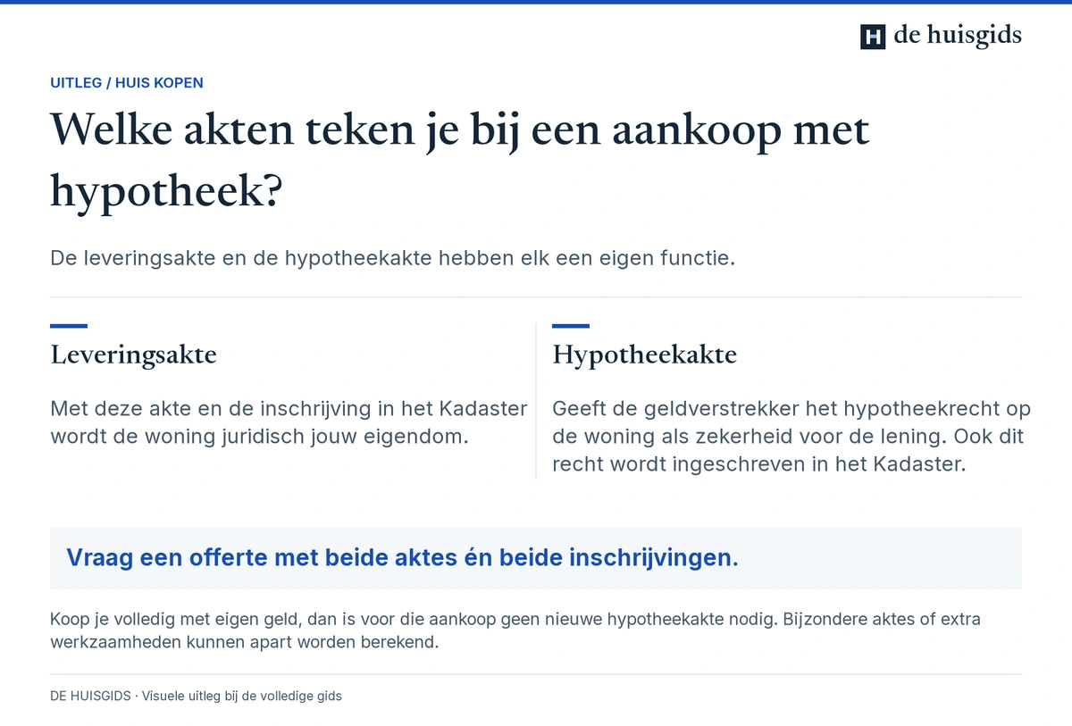 De leveringsakte regelt de woningoverdracht; de hypotheekakte het hypotheekrecht. Elke akte heeft een eigen inschrijving.