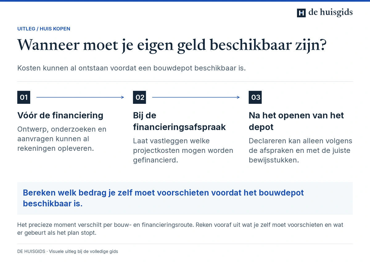 Tijdlijn van kosten vóór de financiering, afspraken over financierbare kosten en latere declaraties uit het bouwdepot.
