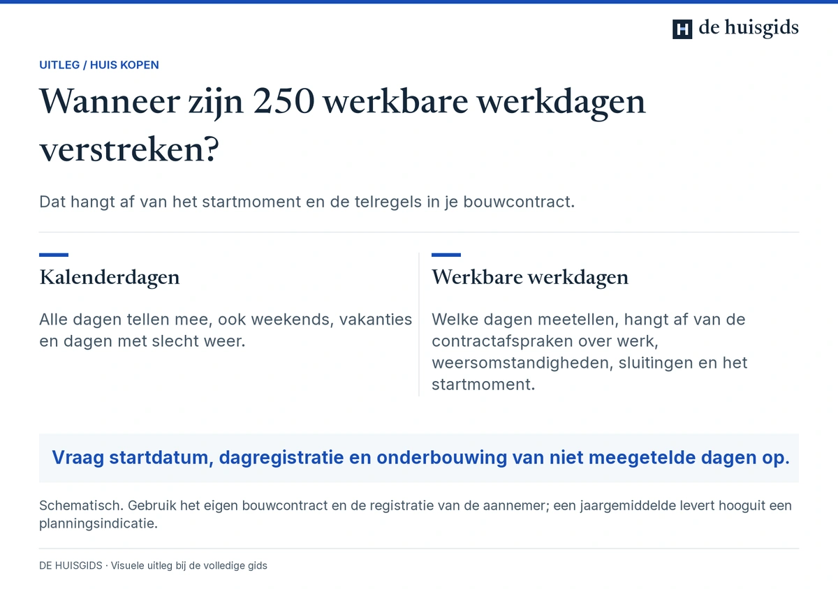 Kalenderdagen lopen altijd door; de teller van werkbare werkdagen volgt de afspraken en omstandigheden uit het bouwcontract.
