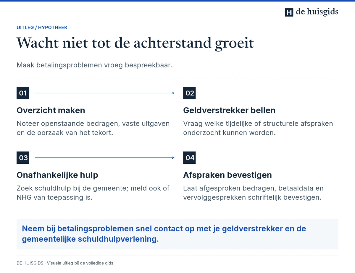 Bij betalingsproblemen: maak een overzicht, bel de geldverstrekker, zoek hulp en bevestig afspraken.