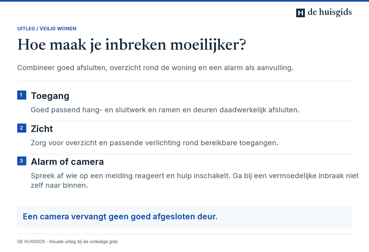 Inbraakpreventie met goed afgesloten deuren en ramen, overzicht en verlichting, aangevuld met alarm of camera.