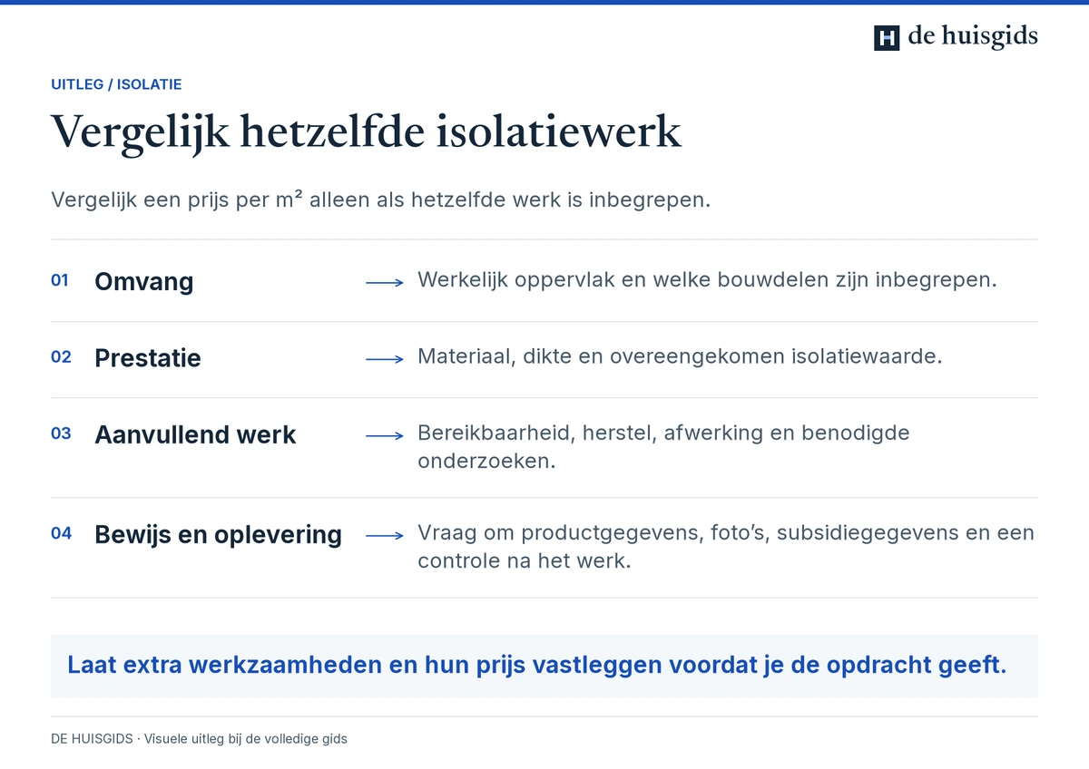 Een isolatieofferte vergelijken op oppervlakte, isolatiewaarde, bijkomend werk en bewijsstukken.