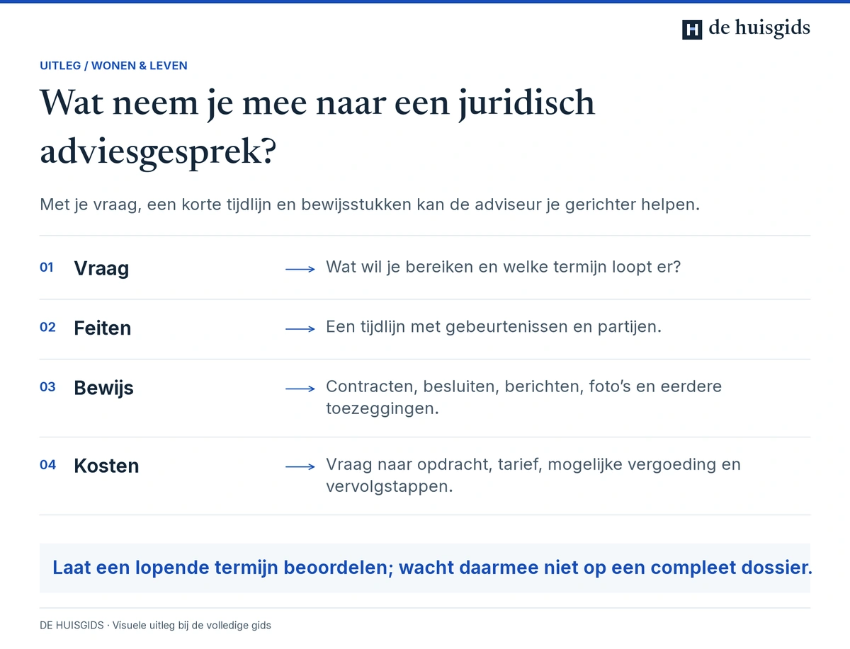 Voorbereiding op juridisch advies met je vraag, tijdlijn, bewijsstukken en vragen over kosten.