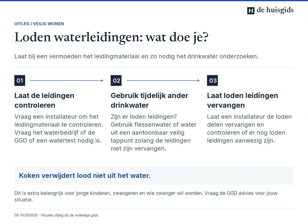 Loden leidingen laten onderzoeken en vervangen, en in de tussentijd veilig ander drinkwater gebruiken.