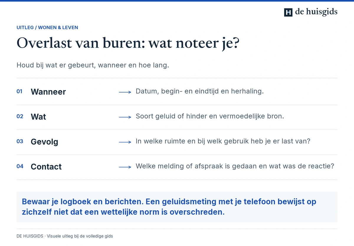 Overlast vastleggen met datum, duur, soort hinder, gevolgen en contact met de buren.