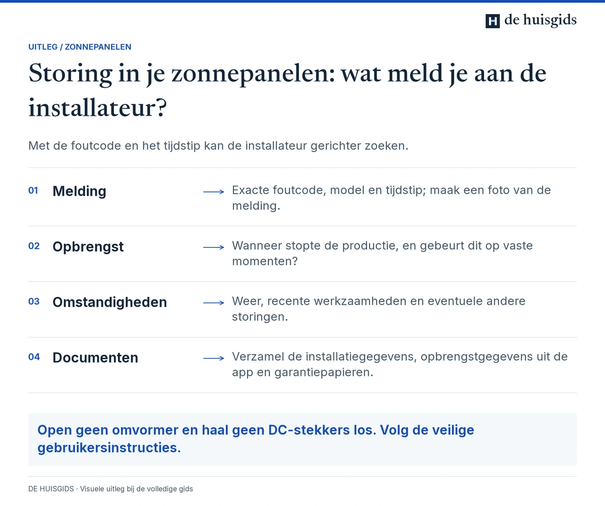 Bij een zonnepanelenstoring noteer je foutmelding, opbrengst, omstandigheden en installatiegegevens.
