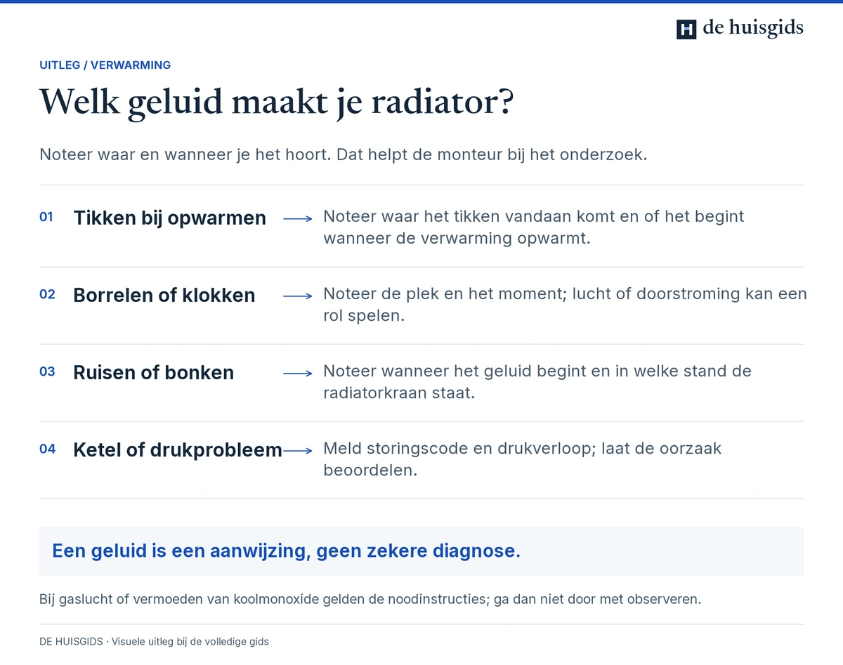 Wat tikken, borrelen, ruisen of bonken bij de verwarming kan betekenen en welke gegevens je noteert.
