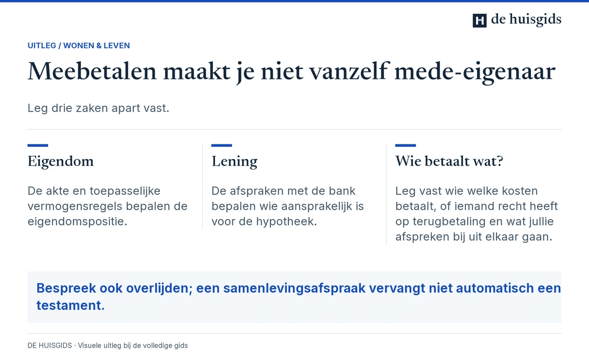 Samenwoners leggen eigendom, hypotheekverplichtingen en onderlinge betalingen afzonderlijk vast.