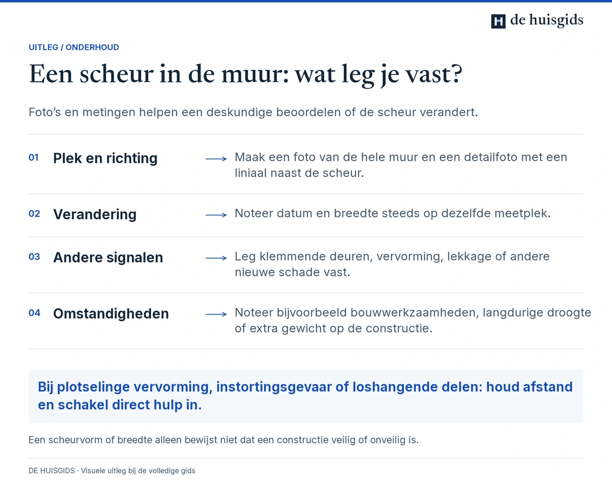 Gegevens om een scheur te volgen: locatie, richting, veranderingen, andere gebreken en omstandigheden.