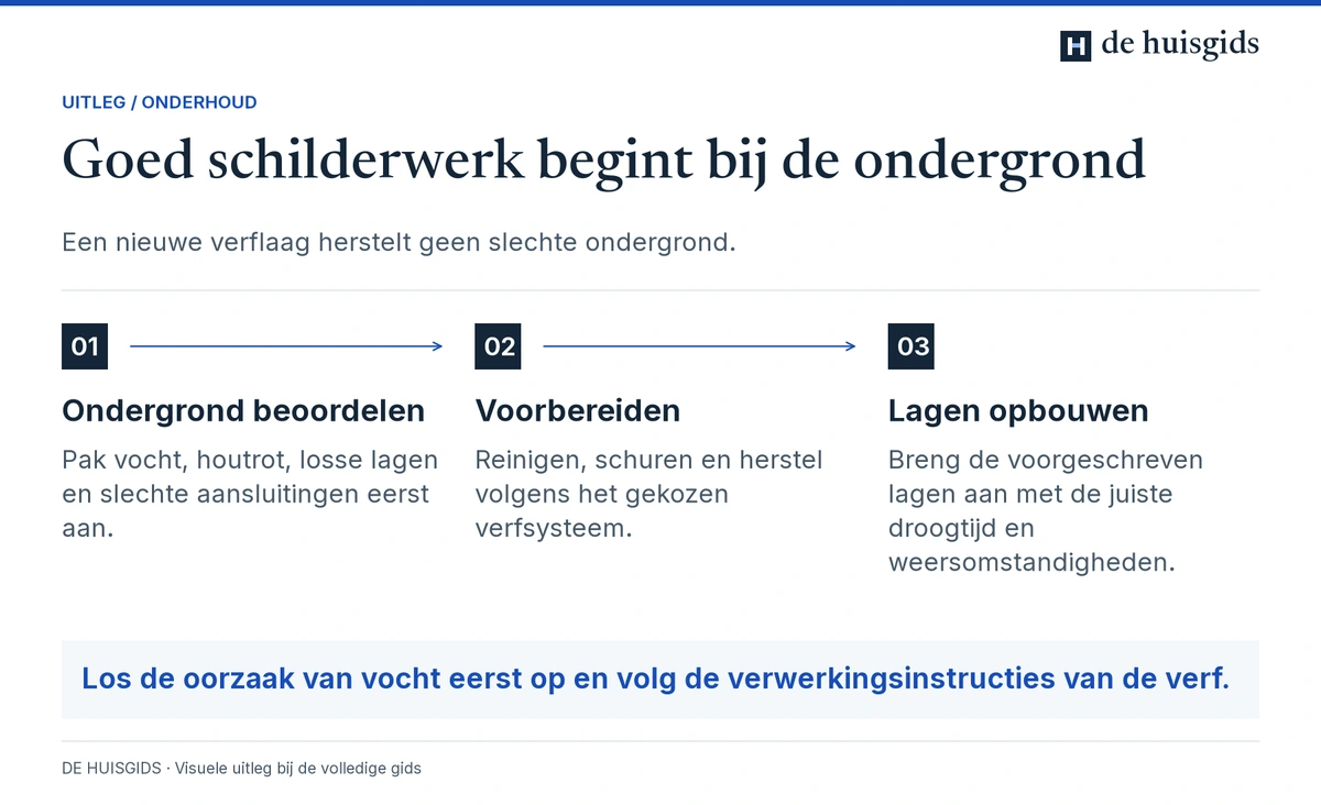 Ondergrond beoordelen en voorbereiden voordat de juiste verflagen worden aangebracht.