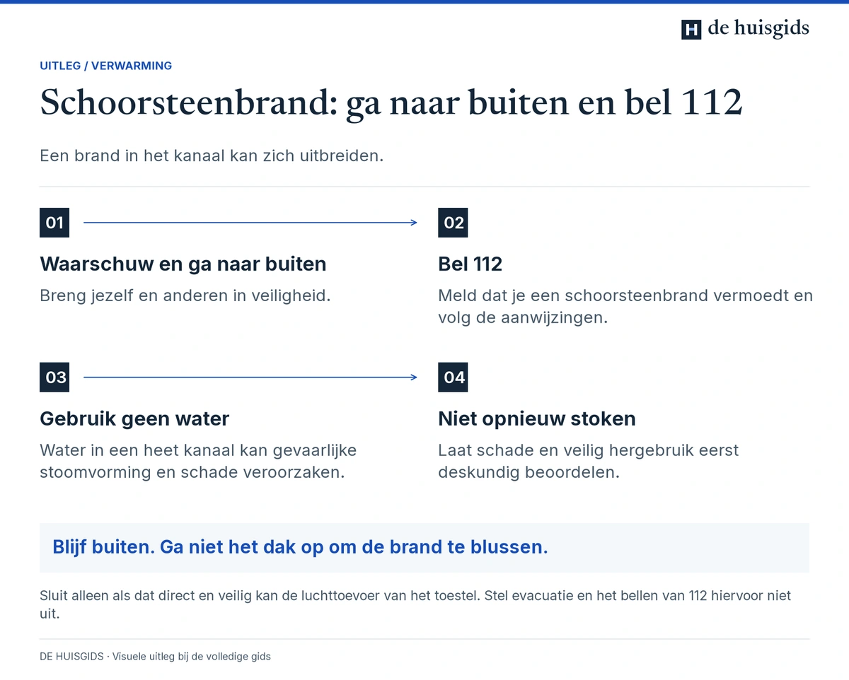Bij schoorsteenbrand: waarschuw huisgenoten, ga naar buiten, bel 112 en blus niet met water.