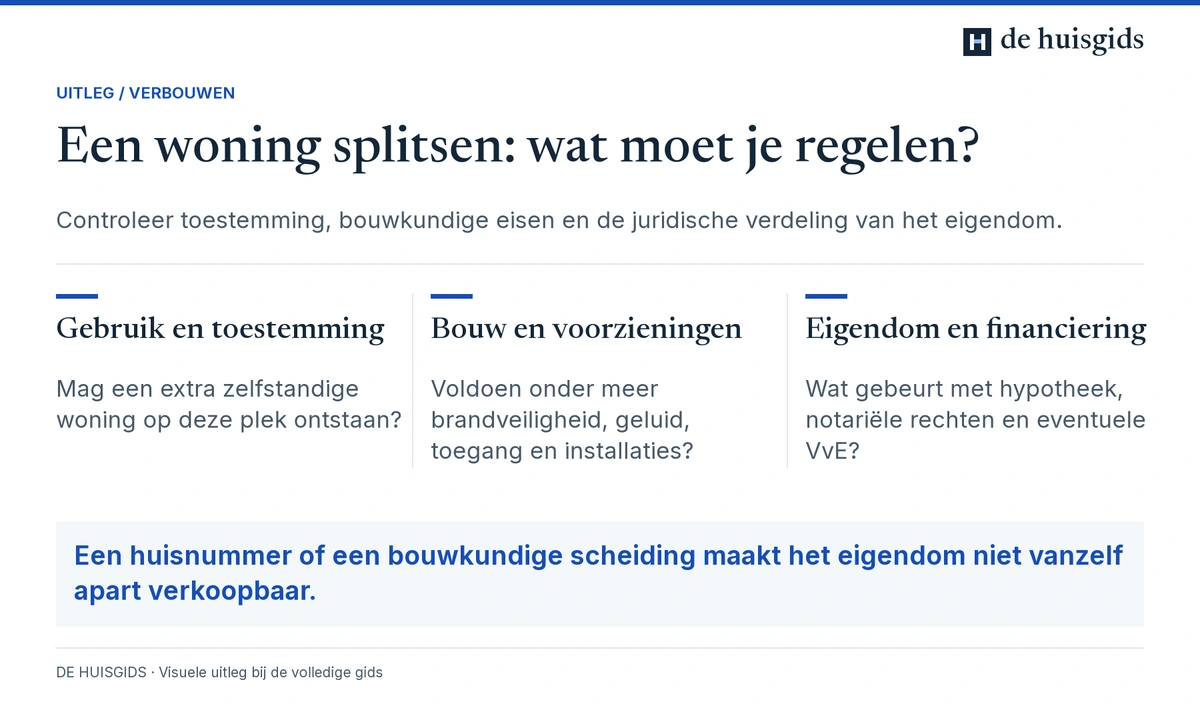 Een woning splitsen vraagt controle van toestemming, bouwkundige voorzieningen en eigendom en financiering.