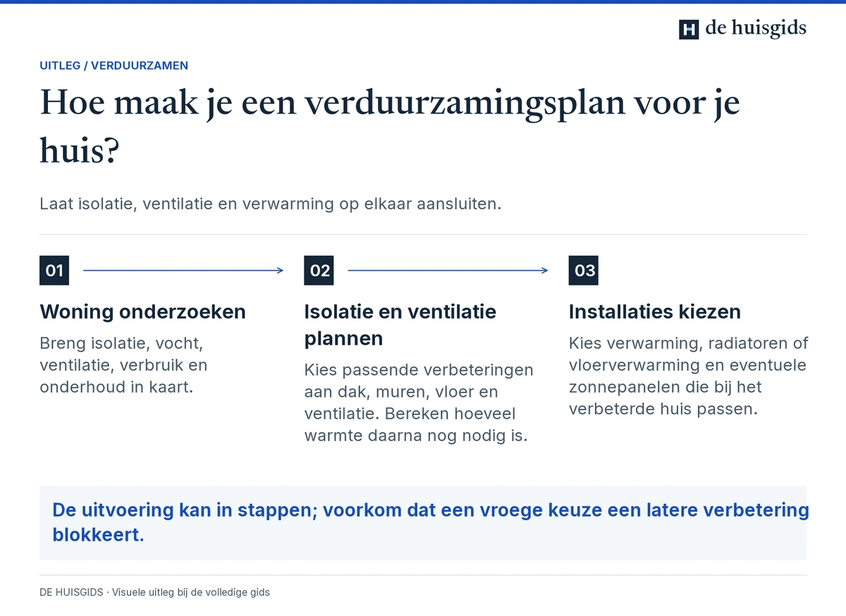 De woning onderzoeken, isolatie en ventilatie afstemmen en daarna passende installaties kiezen.