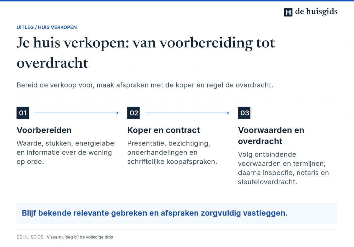 Verkoopproces van voorbereiding via bezichtigingen en koopafspraken naar voorwaarden en overdracht.