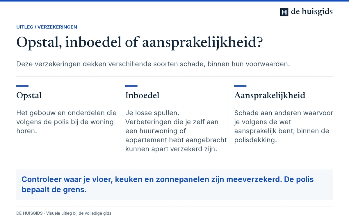 Een opstalverzekering dekt het gebouw, een inboedelverzekering spullen en een aansprakelijkheidsverzekering schade aan anderen volgens de polis.