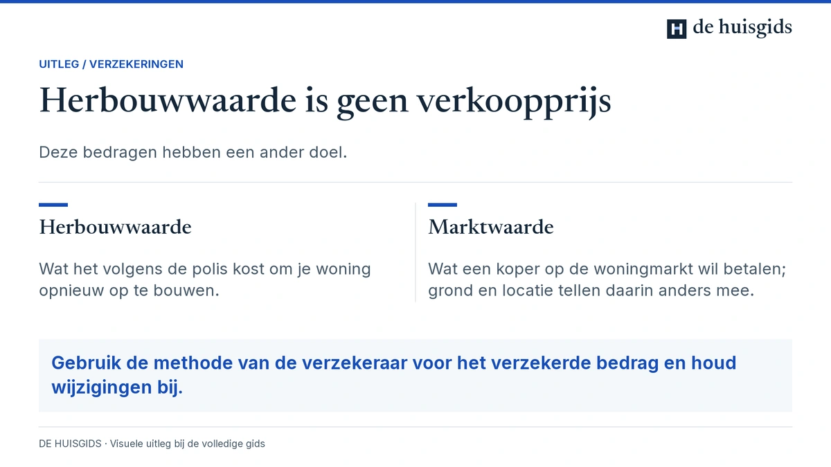 Herbouwwaarde gaat over het opnieuw bouwen; marktwaarde over de waarde bij verkoop.