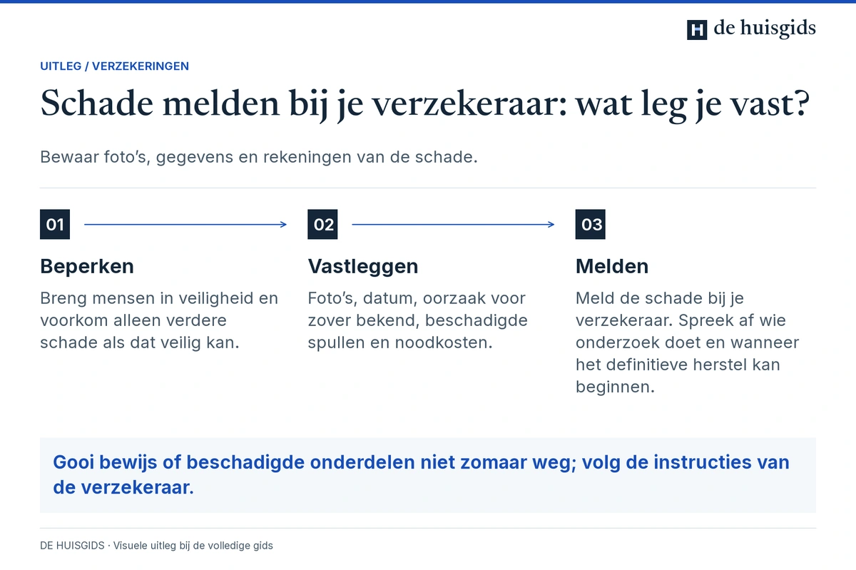 Bij schade eerst verdere schade beperken, de situatie vastleggen en de verzekeraar informeren.