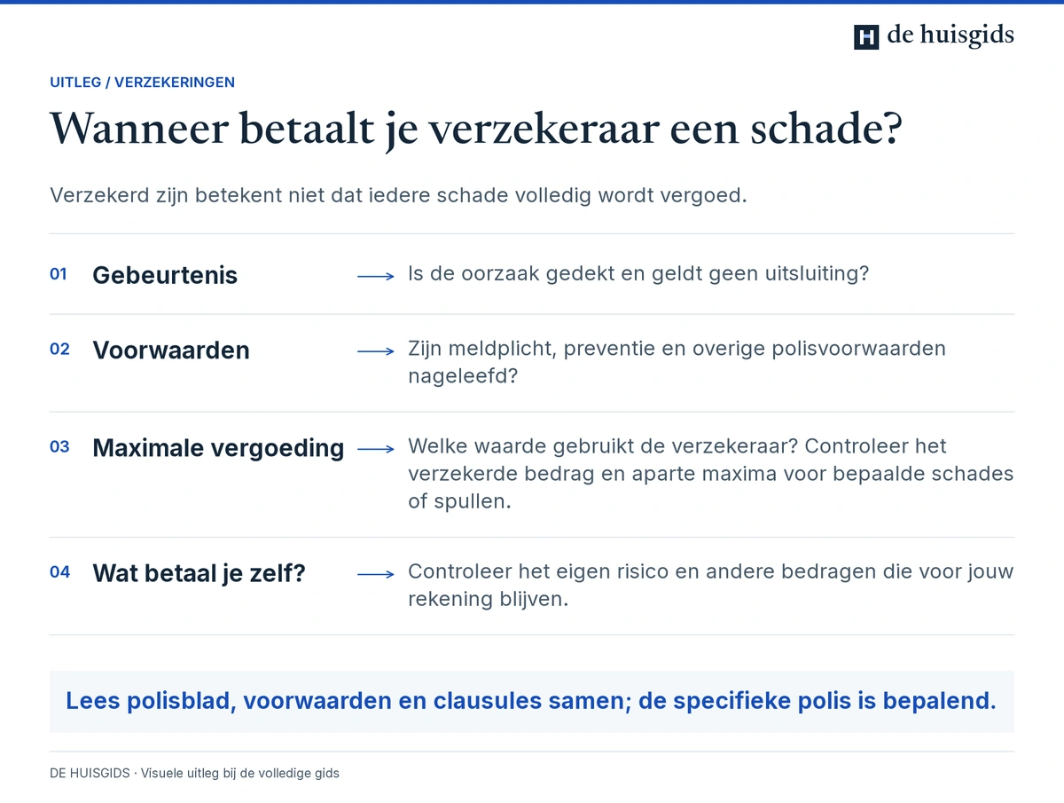 Een verzekeringsuitkering hangt af van gebeurtenis, polisvoorwaarden, verzekerd bedrag en eigen risico.