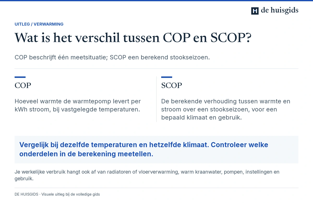 COP beschrijft het rendement bij een meetpunt; SCOP beschrijft het rendement over een verwarmingsseizoen.