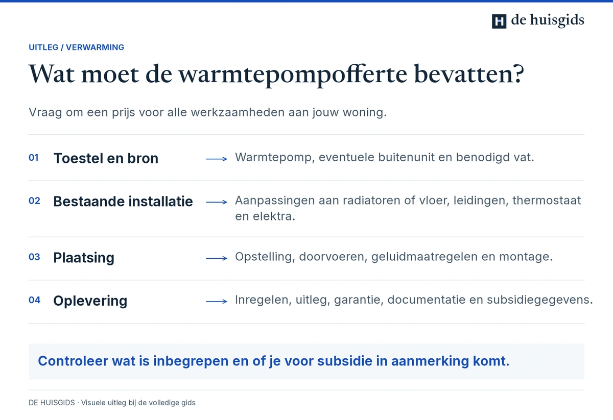 Onderdelen van een complete warmtepompinstallatie en de werkzaamheden die in de offerte horen.