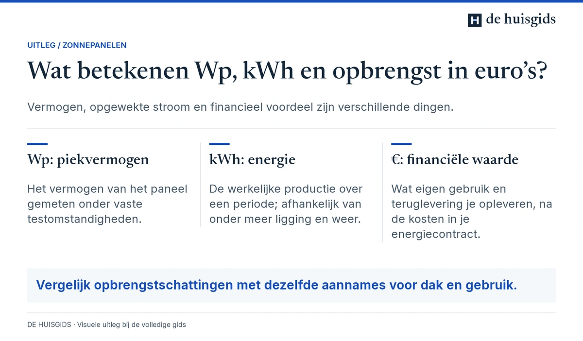 Verschil tussen piekvermogen in Wp, opgewekte energie in kWh en de financiële waarde daarvan.